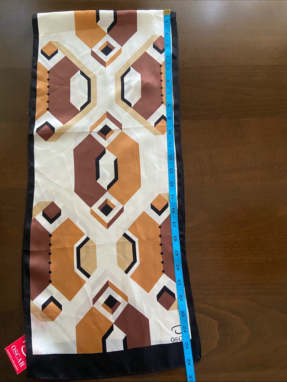 Oscar de la Renta Geometric Silk Scarf in Shades of Brown & Cream, Black Border - Picture 11 of 12